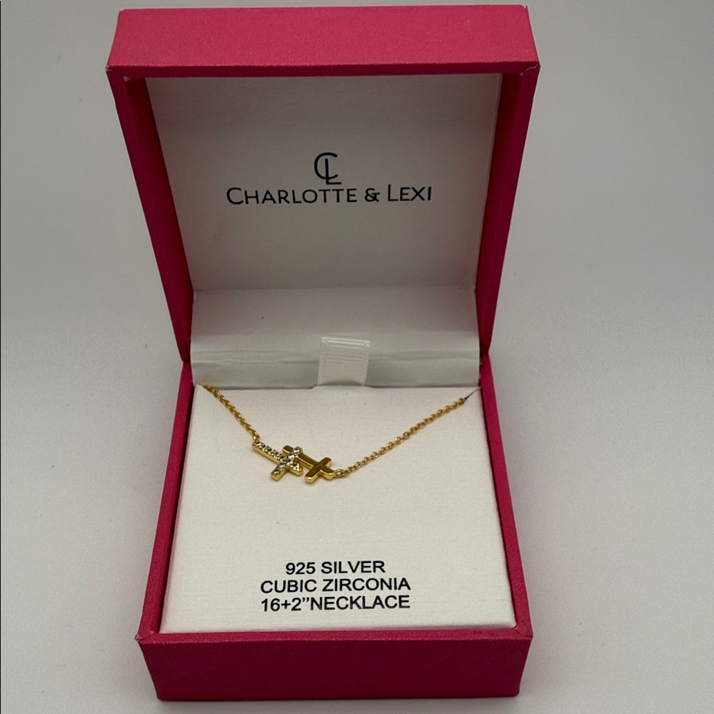 Charlotte & Lexi 925 Silver Gold Colored Cubic Zirconia Double Cross Necklace